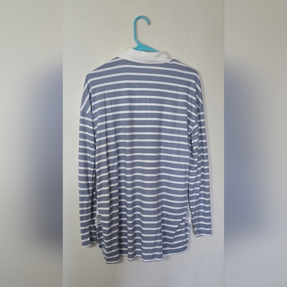 Hem & Thread Striped Long Sleeve Crochet Lace Top Blue White New Size Large - Picture 5 of 6